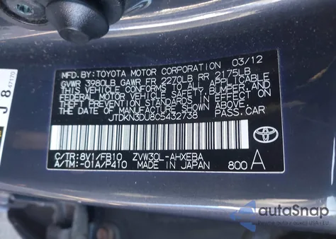 2012 Toyota Prius Two from USA, damaged, VIN JTDKN3DU8C5432738